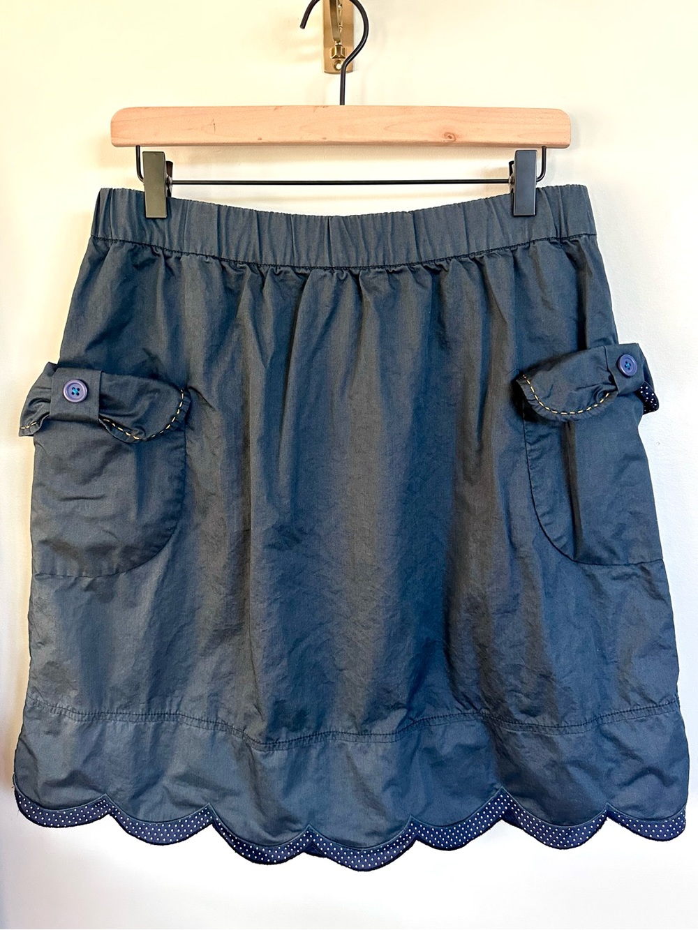 a la sha Women’s Small Scallop Hem Cotton Skirt Navy Polka Dot Pocket